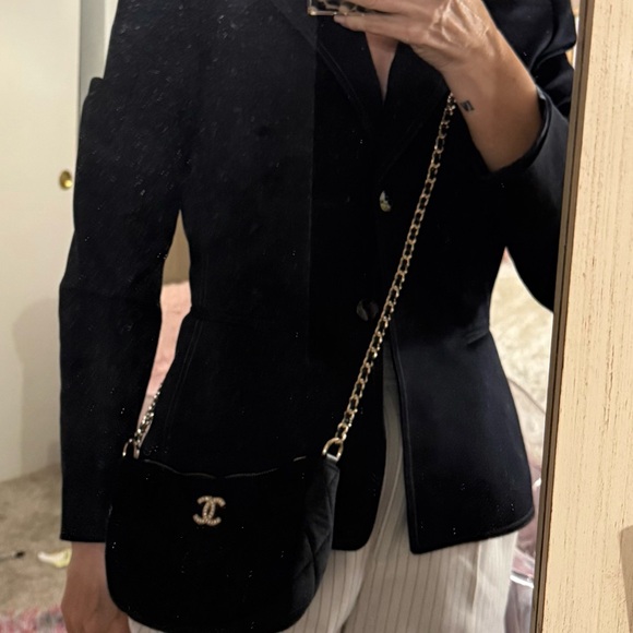 Auth. CHANEL Black Velvet Quilted Crossbody w Gold Hardware and Rhinestone “C’s” - Picture 6 of 16